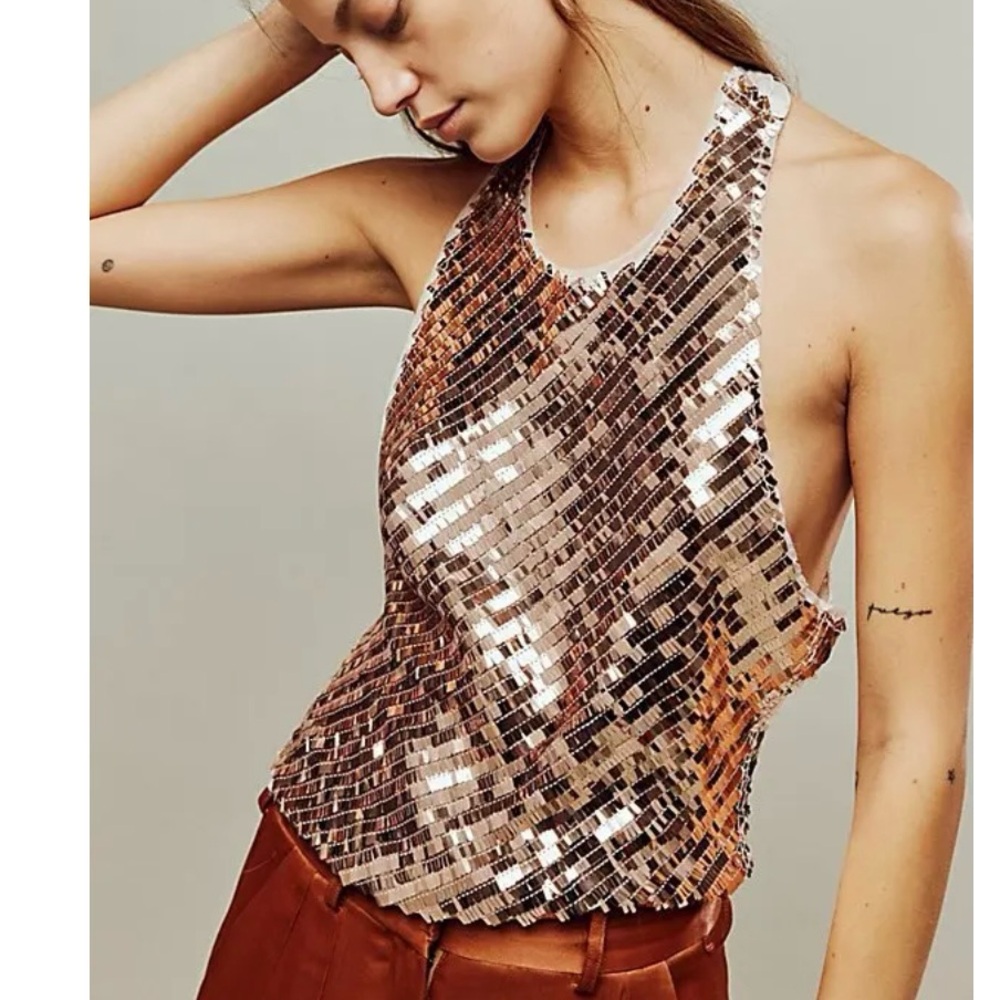 Free People Disco Fever Cami in tan or rose gold size medium NWOT